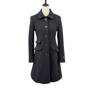 DKNY Black Wool Cashmere Blend Button Front Longline A-line Flare Warm Pea Coat